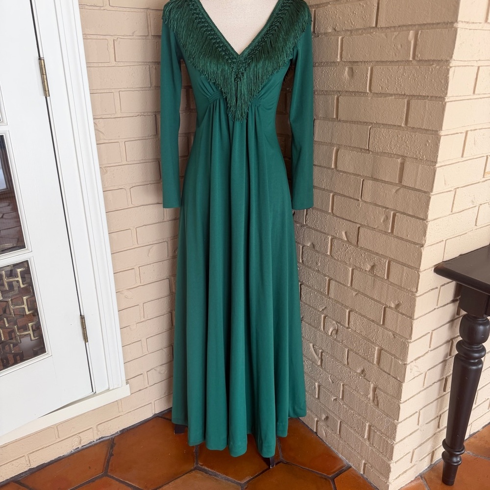 Vintage 70s Disco Soul Train Studio 54 Maxi Dress Green Fringe Cocktail Party 8